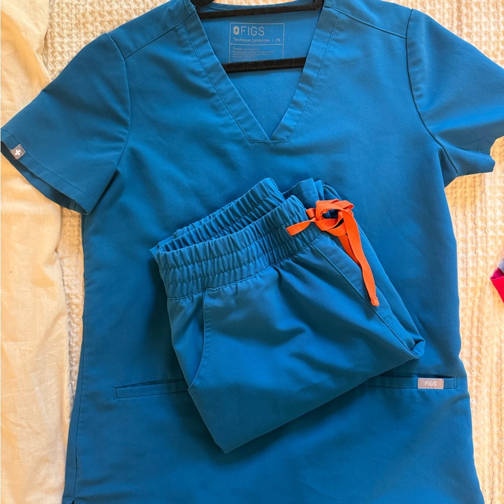 Figs Teal Scrub Set with Orange Waistband